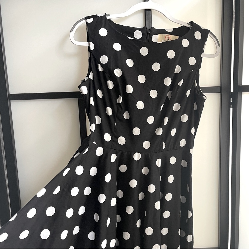 🖤🤍 Grace Karin Retro Boatneck Black/White Polkadot Swing Dress | Size L 🖤🤍